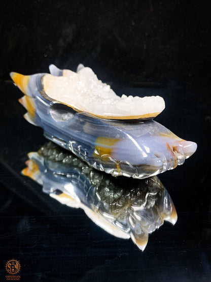 Crâne de Dragon en Agate – Géode de Quartz – L’Appel des Brumes | obsidian dragons