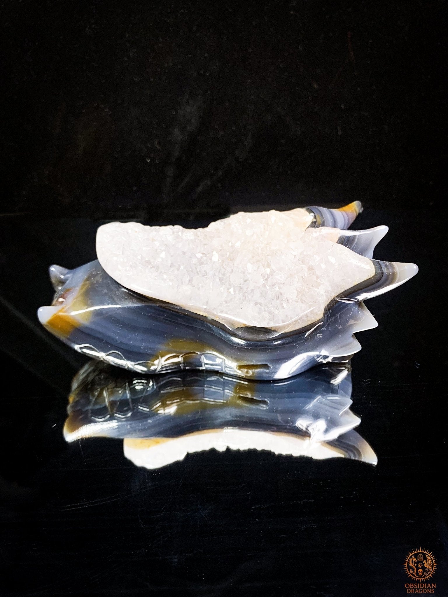 Crâne de Dragon en Agate – Géode de Quartz – L’Appel des Brumes | obsidian dragons