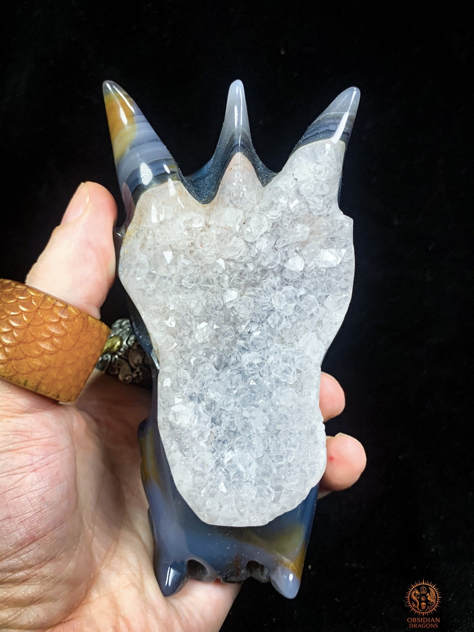 Crâne de Dragon en Agate – Géode de Quartz – L’Appel des Brumes | obsidian dragons
