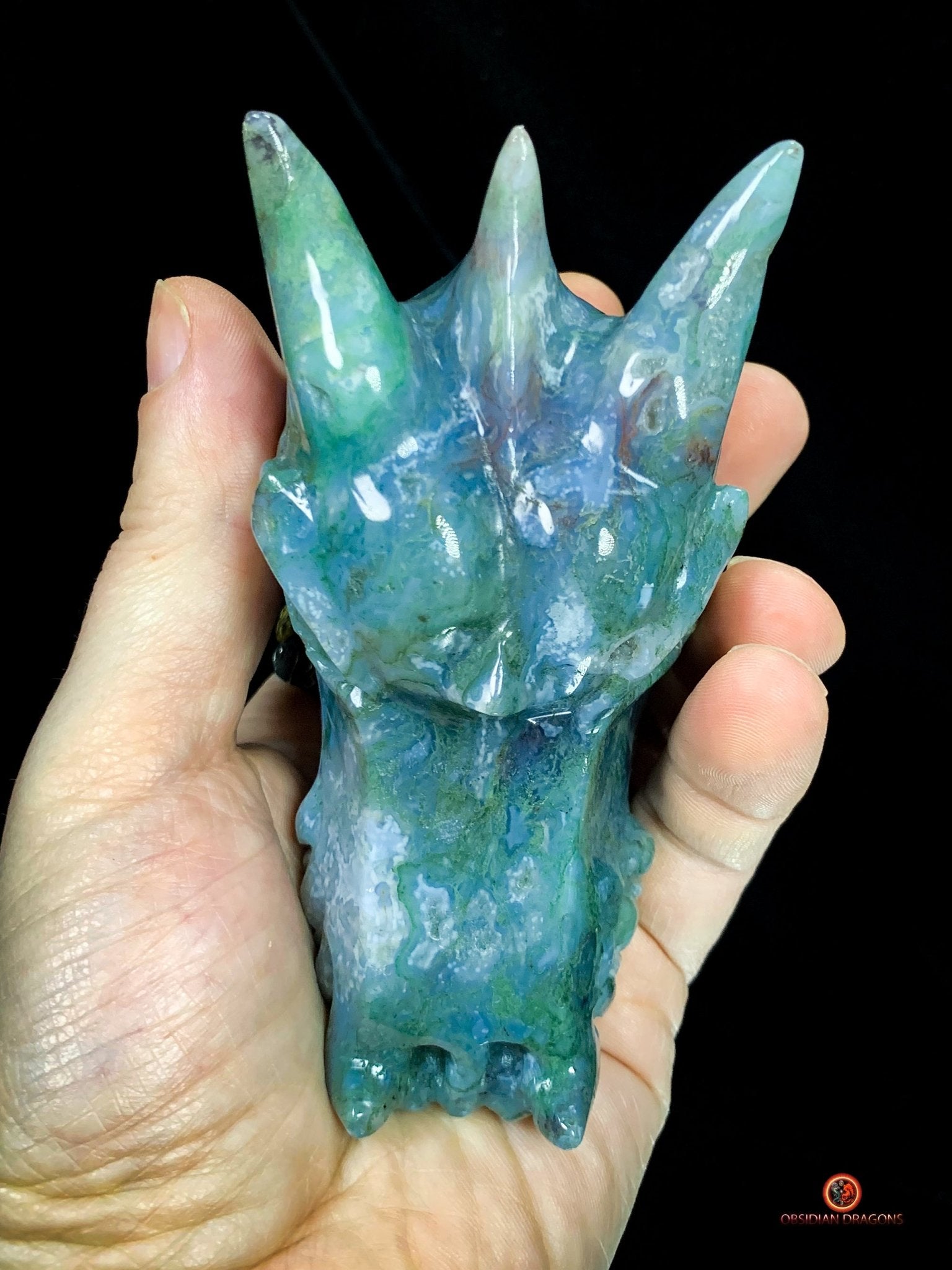 Crâne de Dragon en Agate Mousse - Énergie draconique | obsidian dragons
