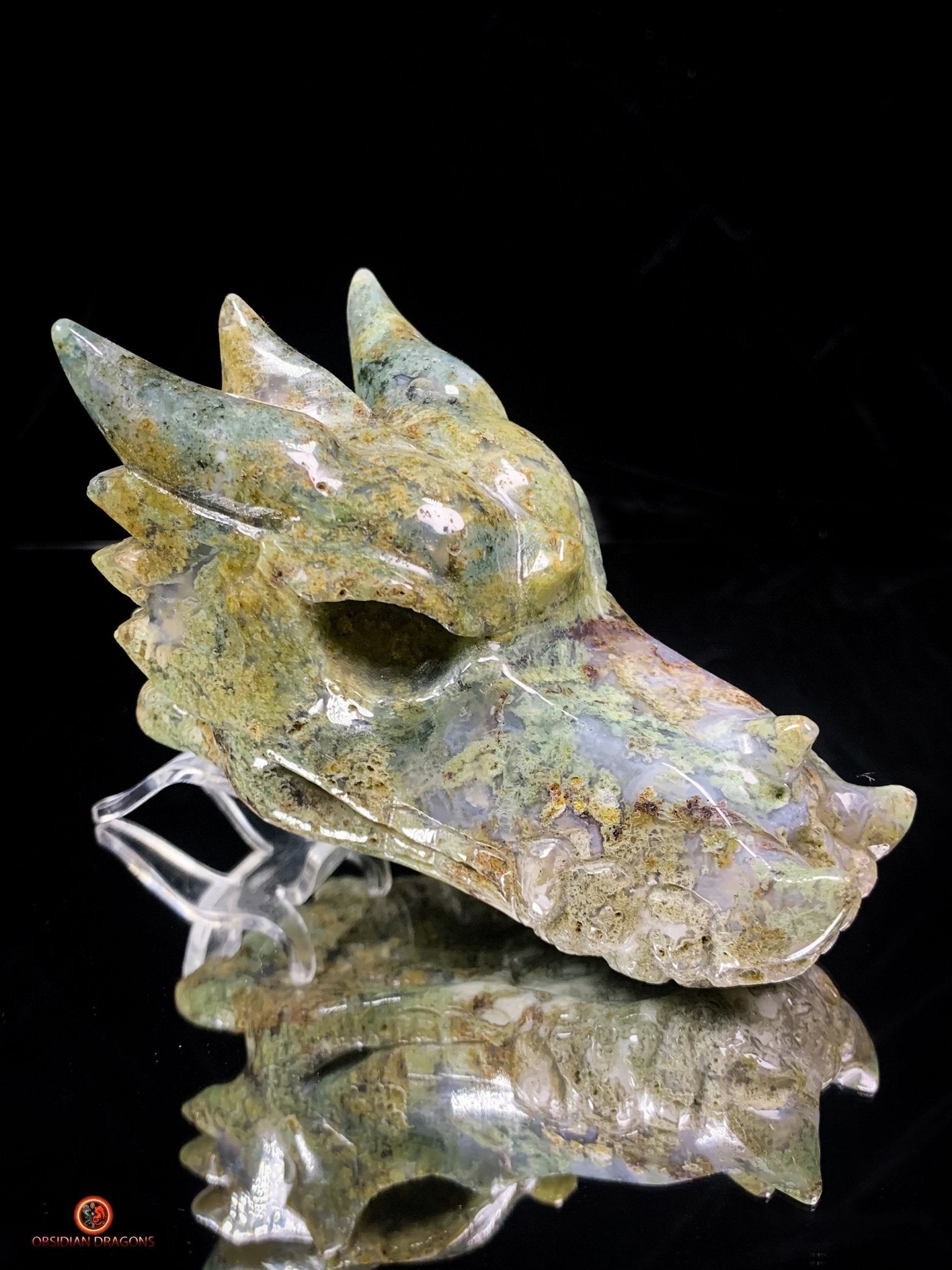 Crâne de Dragon en Agate Mousse – Puissance et Connexion Spirituelle | obsidian dragons