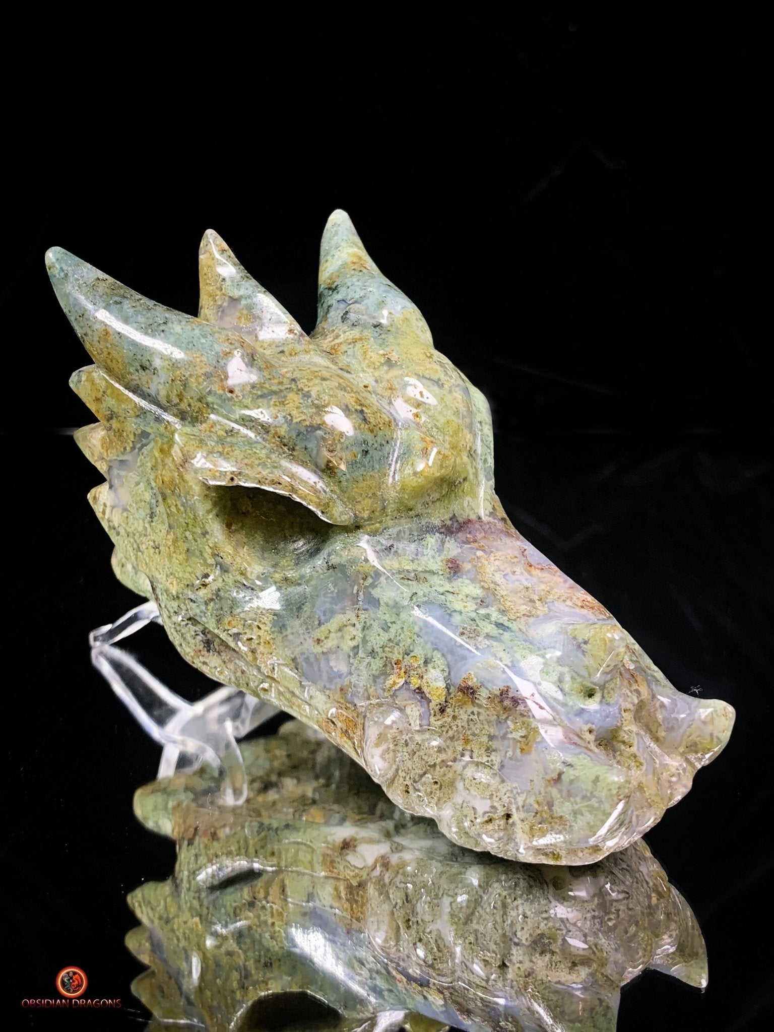 Crâne de Dragon en Agate Mousse – Puissance et Connexion Spirituelle | obsidian dragons