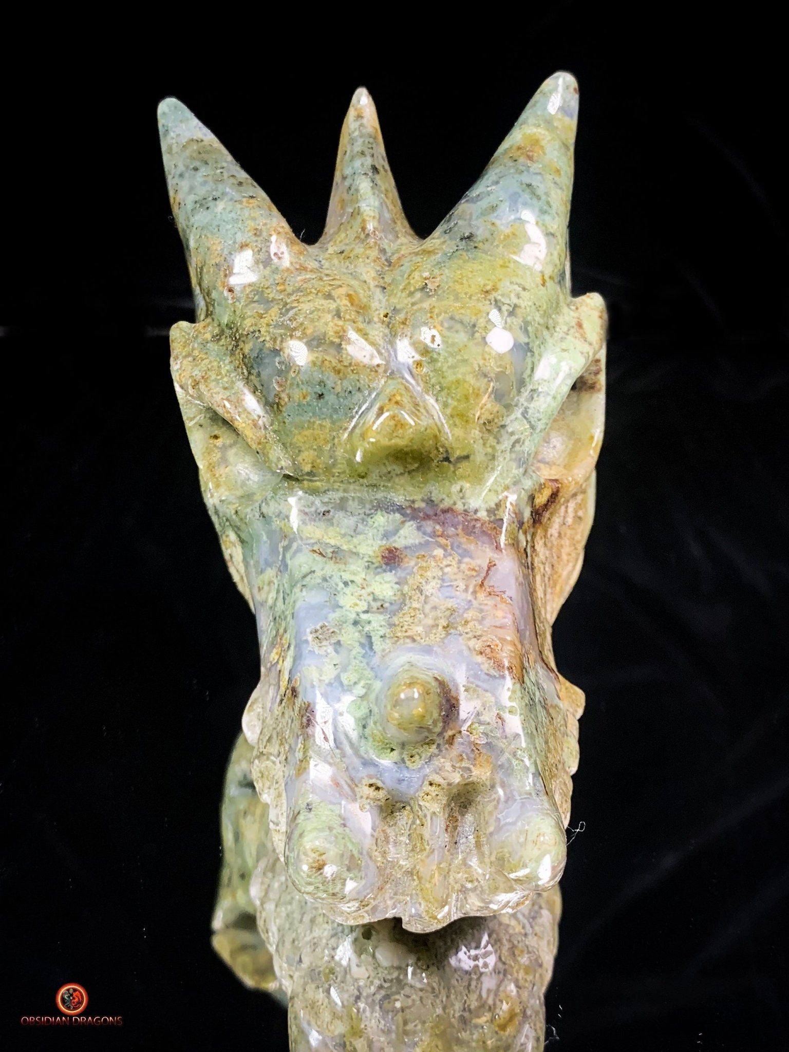 Crâne de Dragon en Agate Mousse – Puissance et Connexion Spirituelle | obsidian dragons