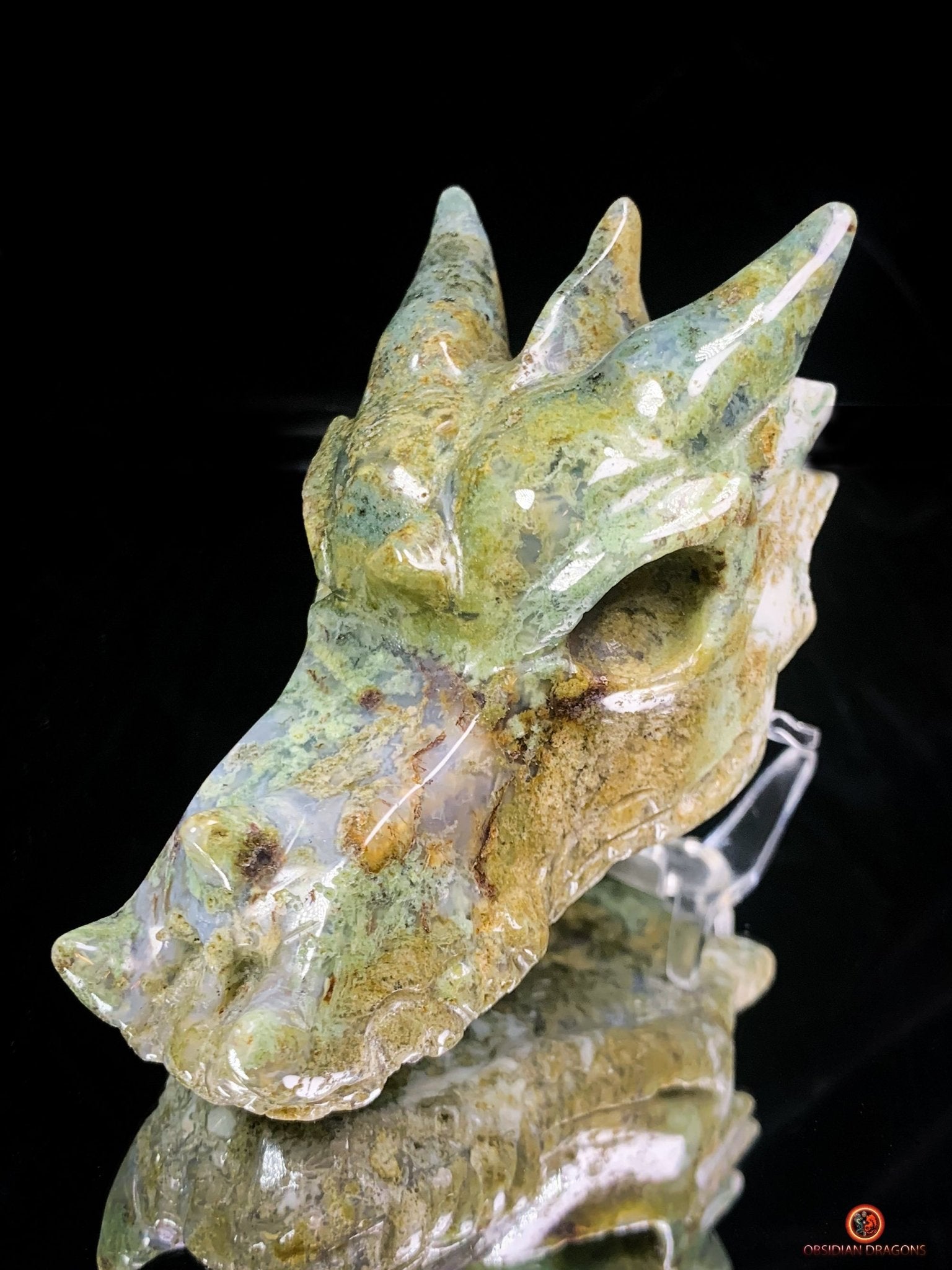 Crâne de Dragon en Agate Mousse – Puissance et Connexion Spirituelle | obsidian dragons