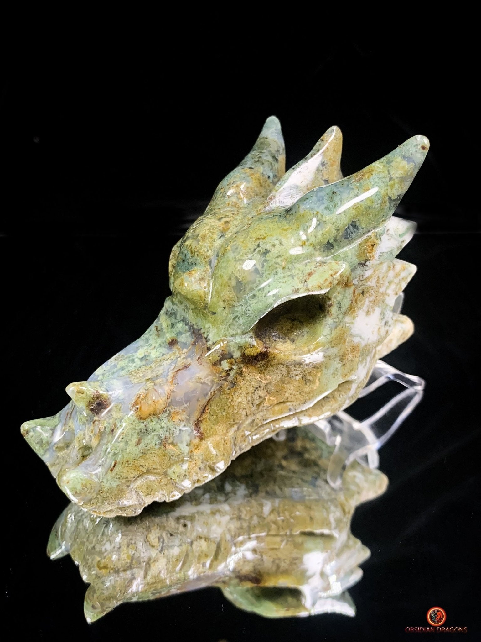 Crâne de Dragon en Agate Mousse – Puissance et Connexion Spirituelle | obsidian dragons