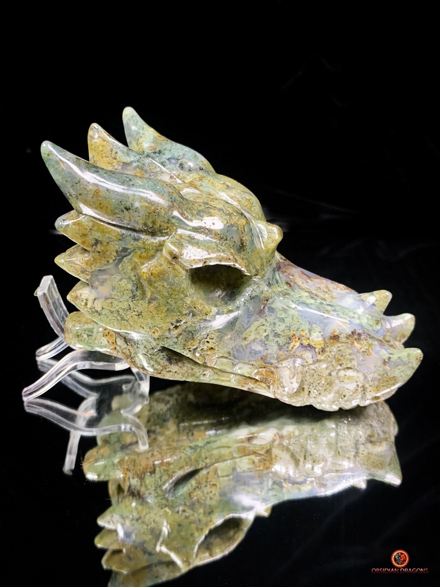 Crâne de Dragon en Agate Mousse – Puissance et Connexion Spirituelle | obsidian dragons