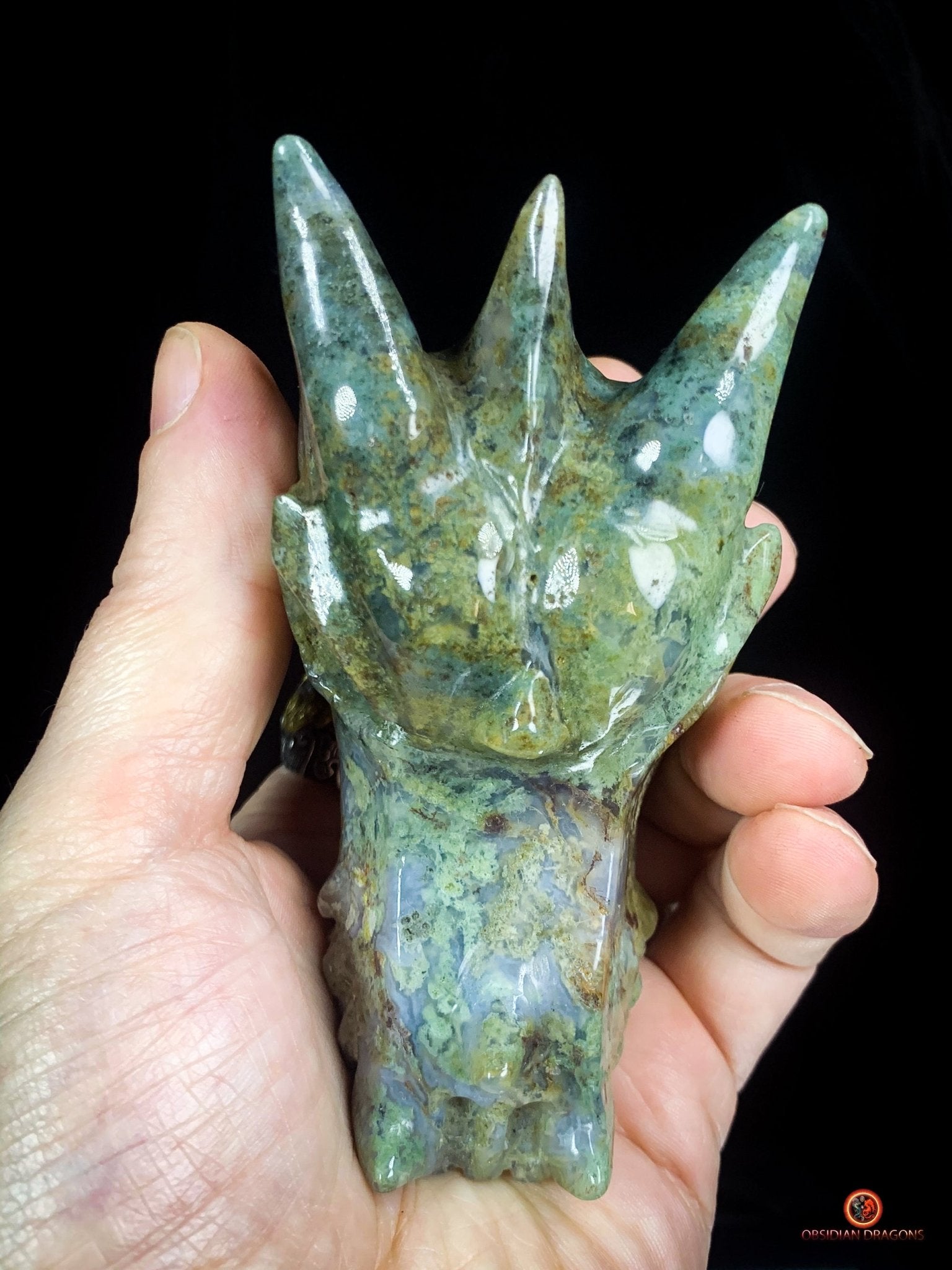 Crâne de Dragon en Agate Mousse – Puissance et Connexion Spirituelle | obsidian dragons