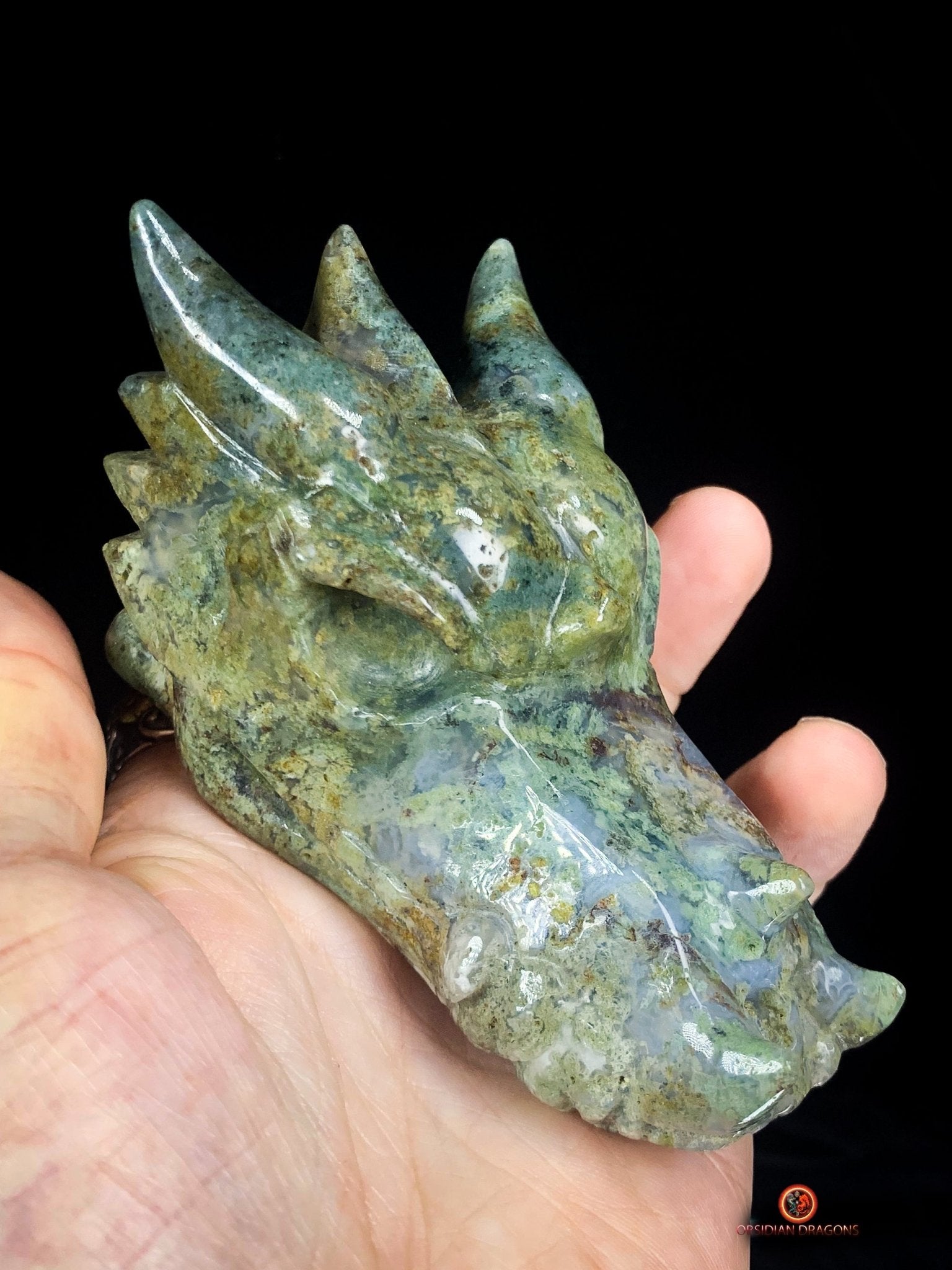 Crâne de Dragon en Agate Mousse – Puissance et Connexion Spirituelle | obsidian dragons