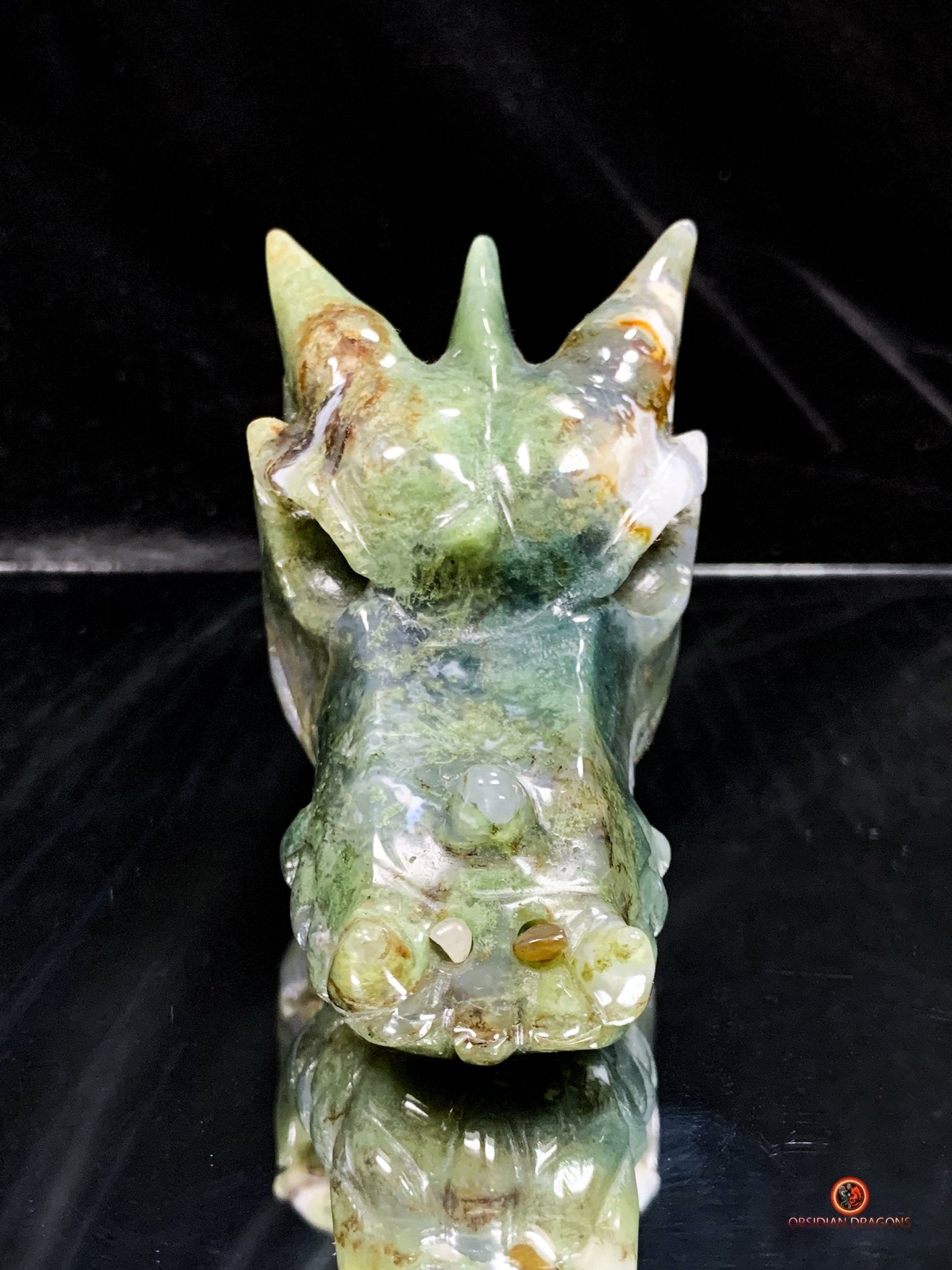 Crâne de Dragon en Agate Mousse - Puissance et Équilibre | obsidian dragons