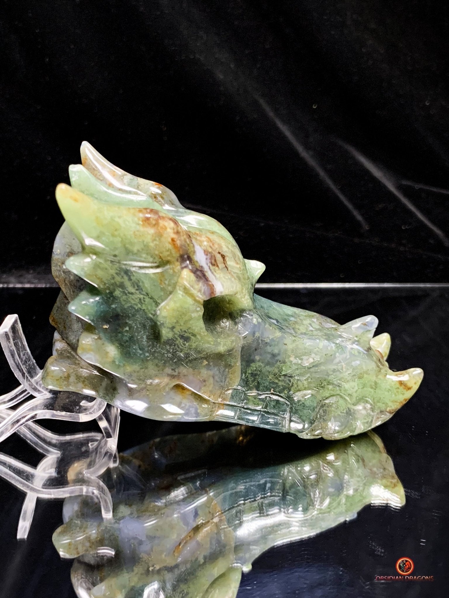 Crâne de Dragon en Agate Mousse - Puissance et Équilibre | obsidian dragons