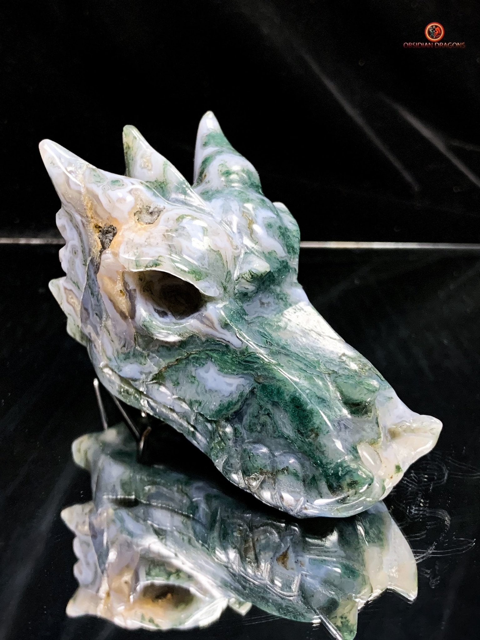 Crâne de Dragon en Agate Mousse - Puissance et Harmonie | obsidian dragons