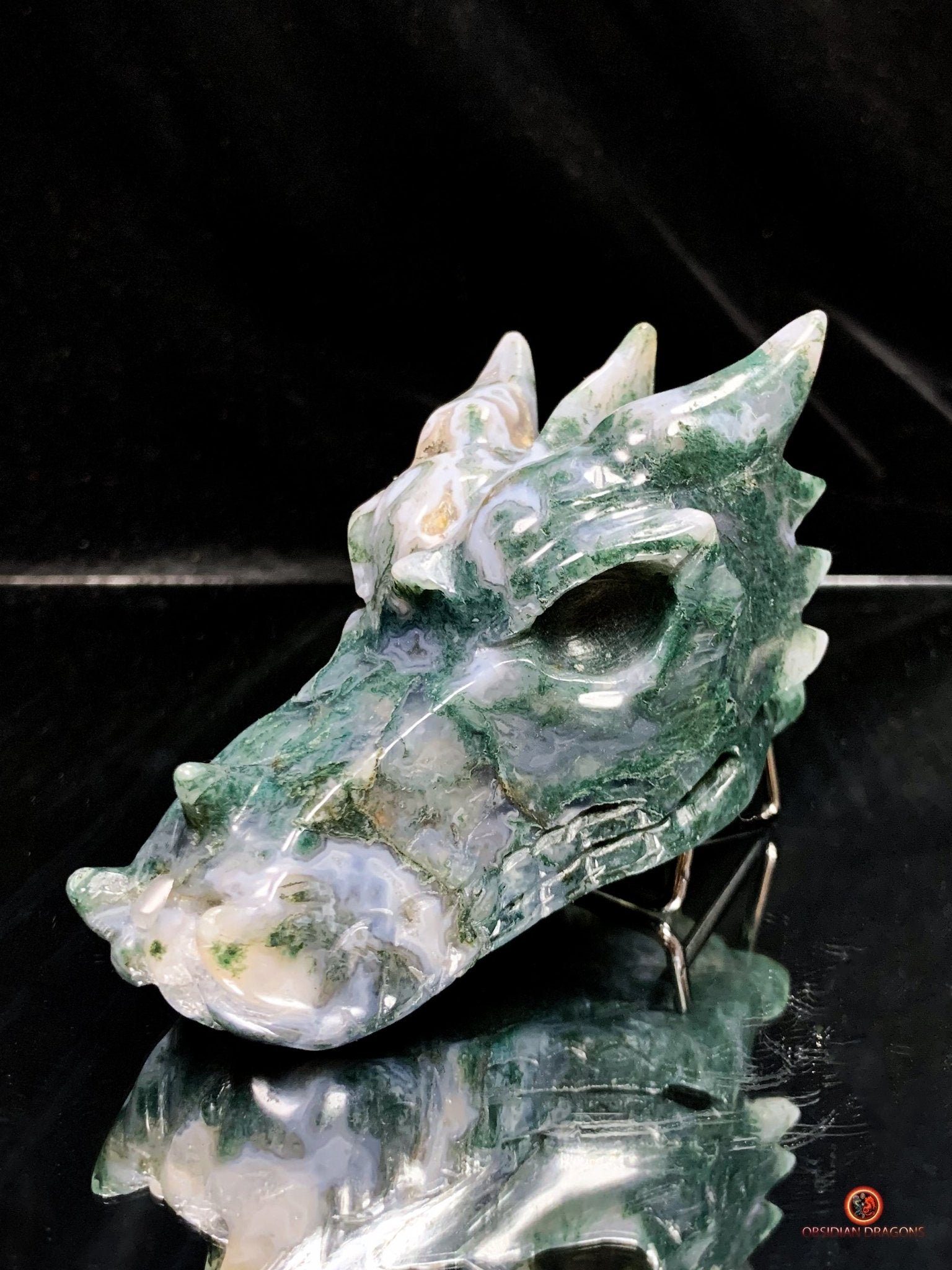 Crâne de Dragon en Agate Mousse - Puissance et Harmonie | obsidian dragons
