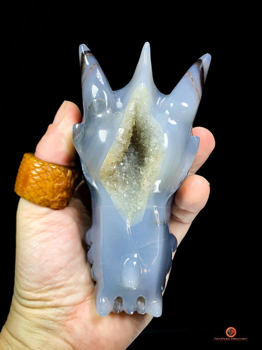 Crâne de Dragon en Géode de Quartz Citrine - Énergie et Lumière | obsidian dragons