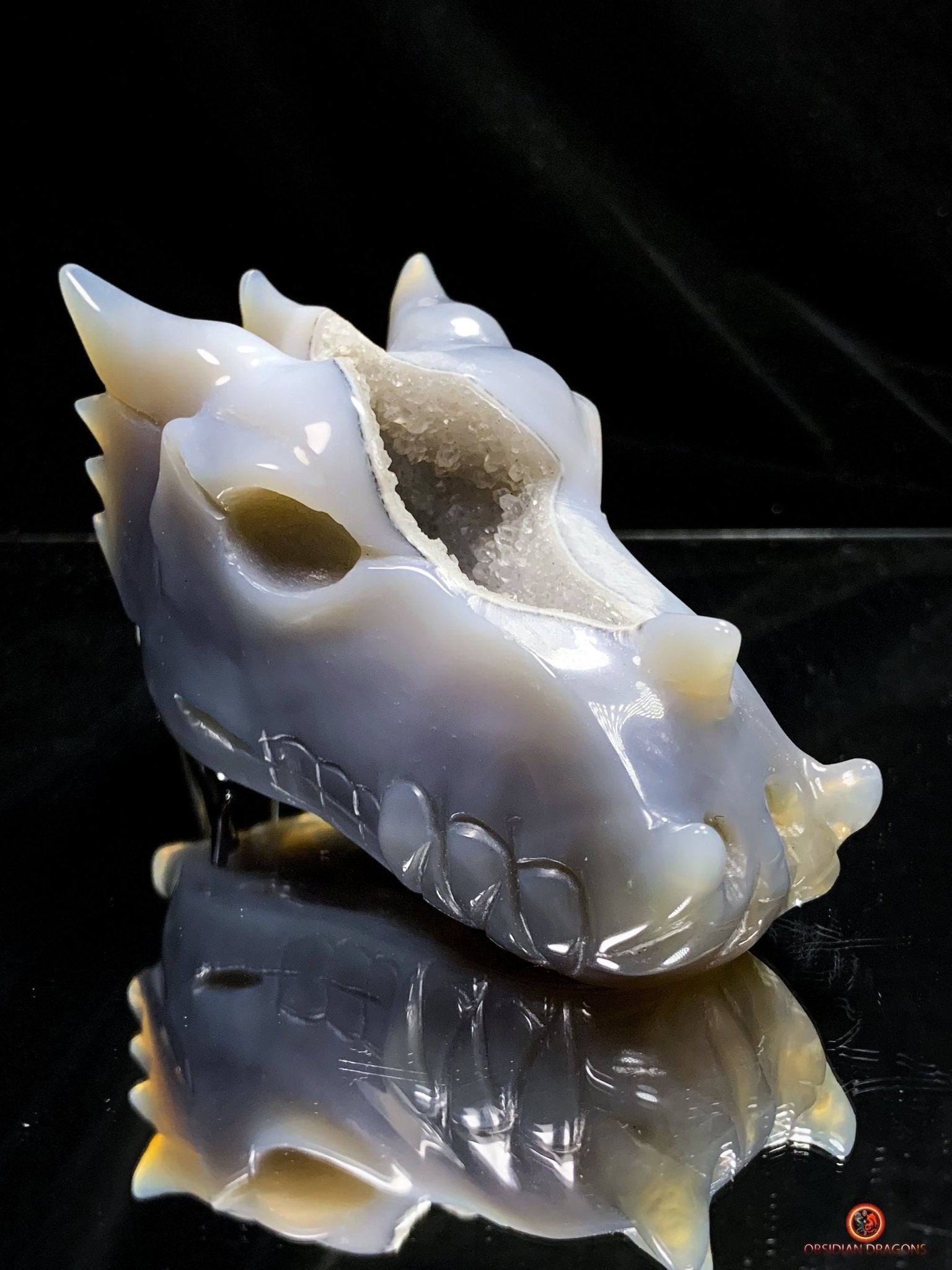 Crâne de Dragon en Géode de Quartz – Éveil et Protection | obsidian dragons