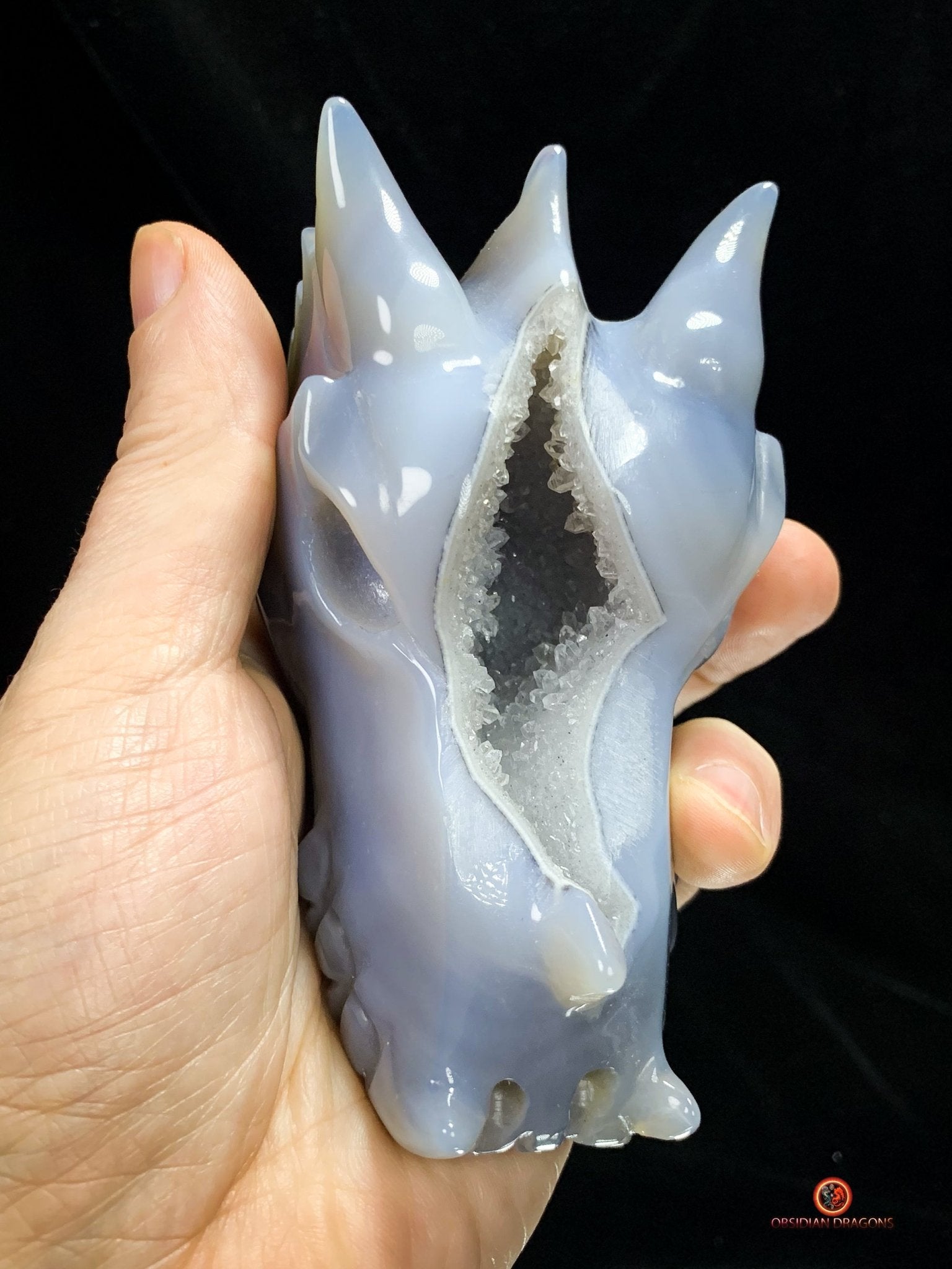 Crâne de Dragon en Géode de Quartz – Éveil et Protection | obsidian dragons