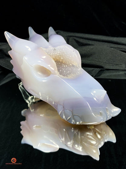 Crâne de Dragon en Géode de Quartz – Harmonie Spirituelle | obsidian dragons