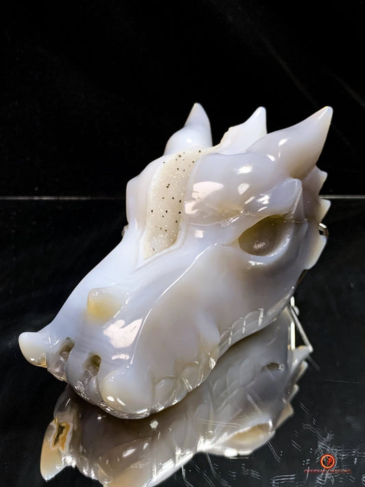 Crâne de Dragon en Géode de Quartz – Harmonie et Énergies | obsidian dragons