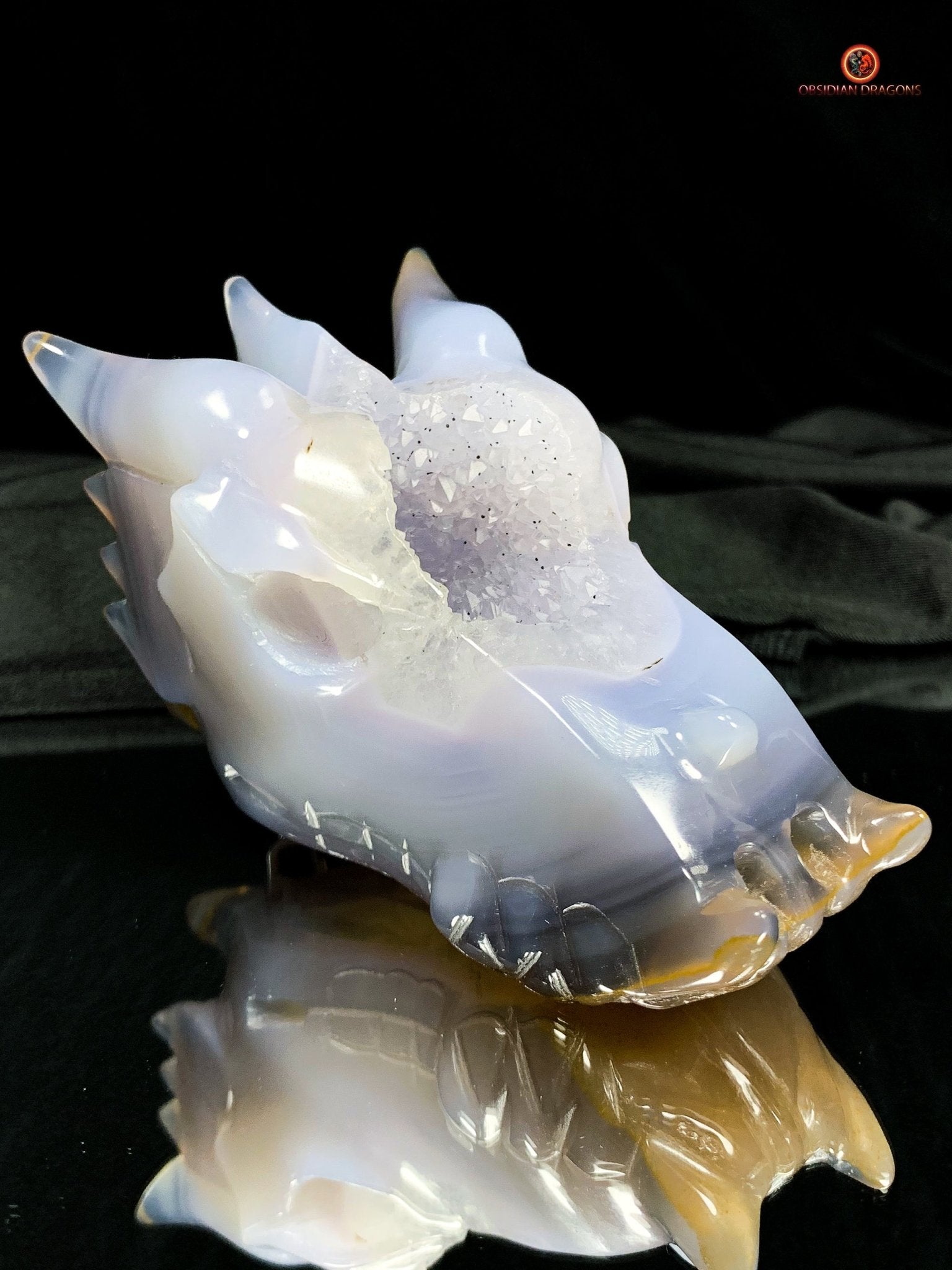 Crâne de Dragon en Géode de Quartz - Mystique Draconique | obsidian dragons