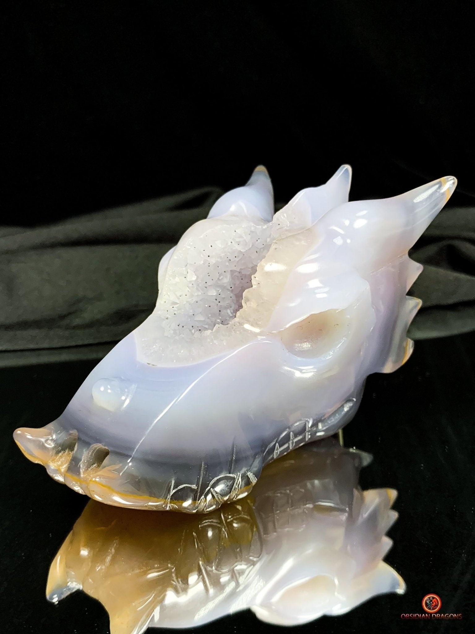 Crâne de Dragon en Géode de Quartz - Mystique Draconique | obsidian dragons