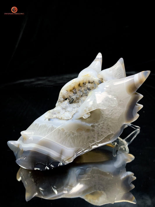 Crâne de Dragon en Géode de Quartz et Agate – Énergie Pure | obsidian dragons
