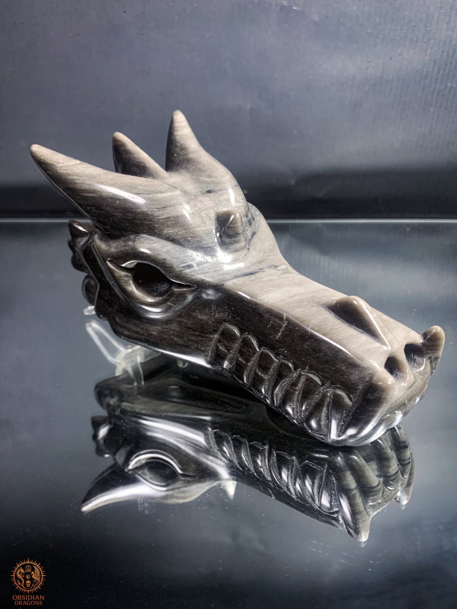 Crâne de Dragon en Obsidienne Argentée – Gardien d’Éclipse | obsidian dragons