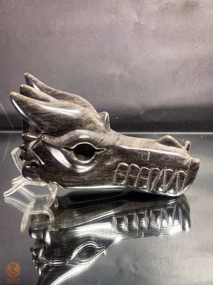 Crâne de Dragon en Obsidienne Argentée – Gardien d’Éclipse | obsidian dragons