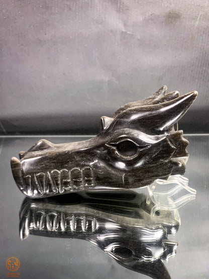 Crâne de Dragon en Obsidienne Argentée – Gardien d’Éclipse | obsidian dragons