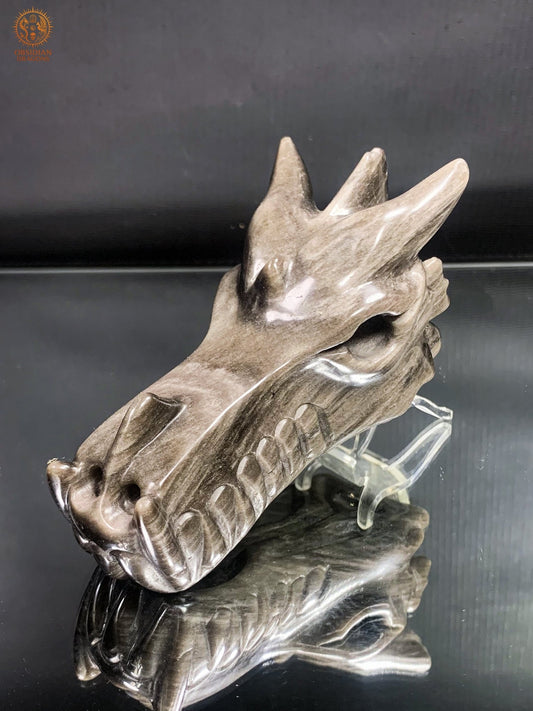 Crâne de Dragon en Obsidienne Argentée – Lame de Clarté | obsidian dragons