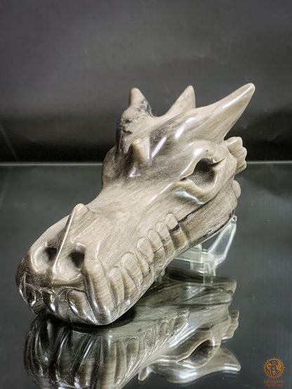 Crâne de Dragon en Obsidienne Argentée – Sentinelle des Ombres | obsidian dragons