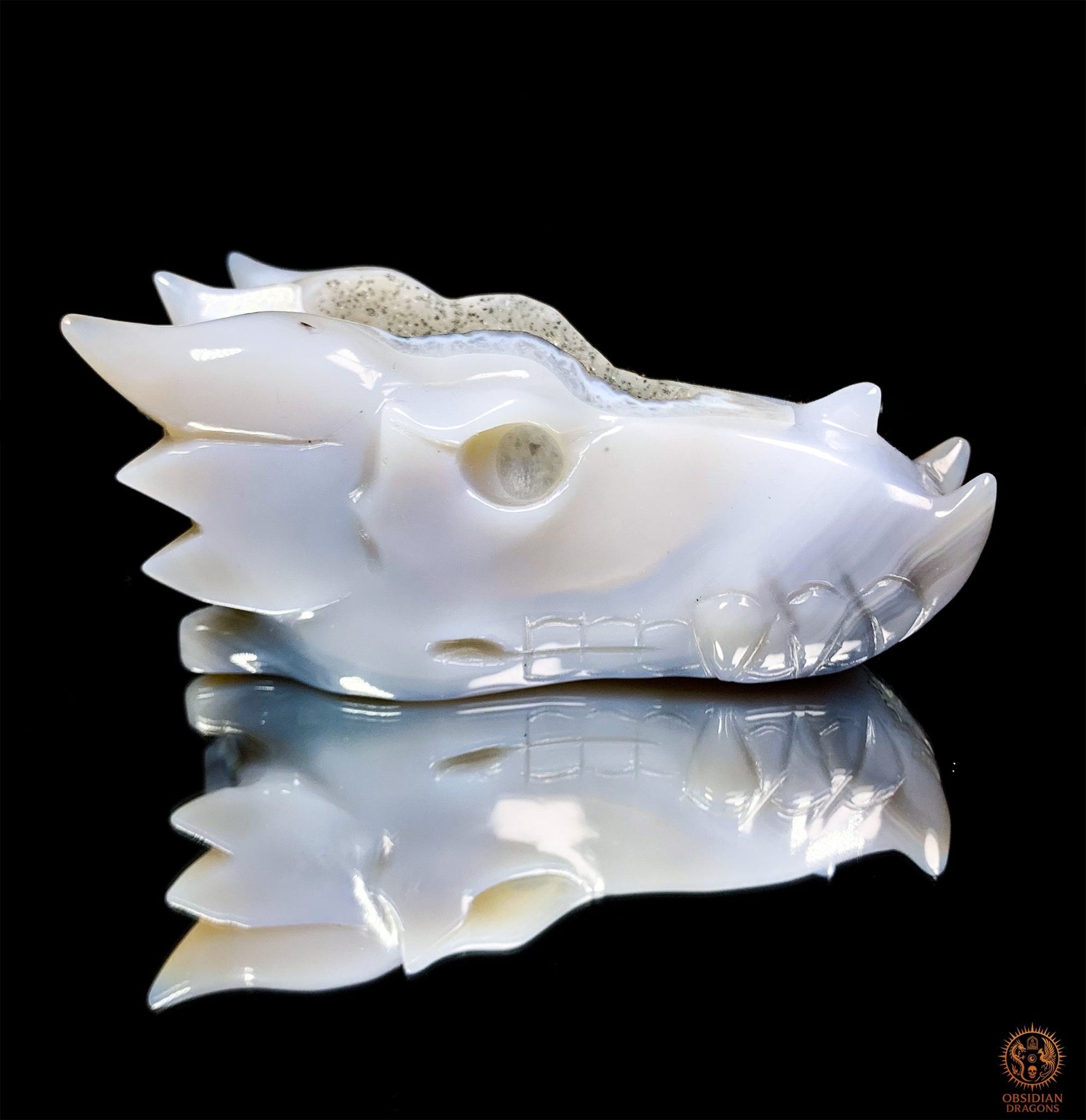 Crâne de Dragon en calcédoine- Géode- Éveil Minéral | obsidian dragons
