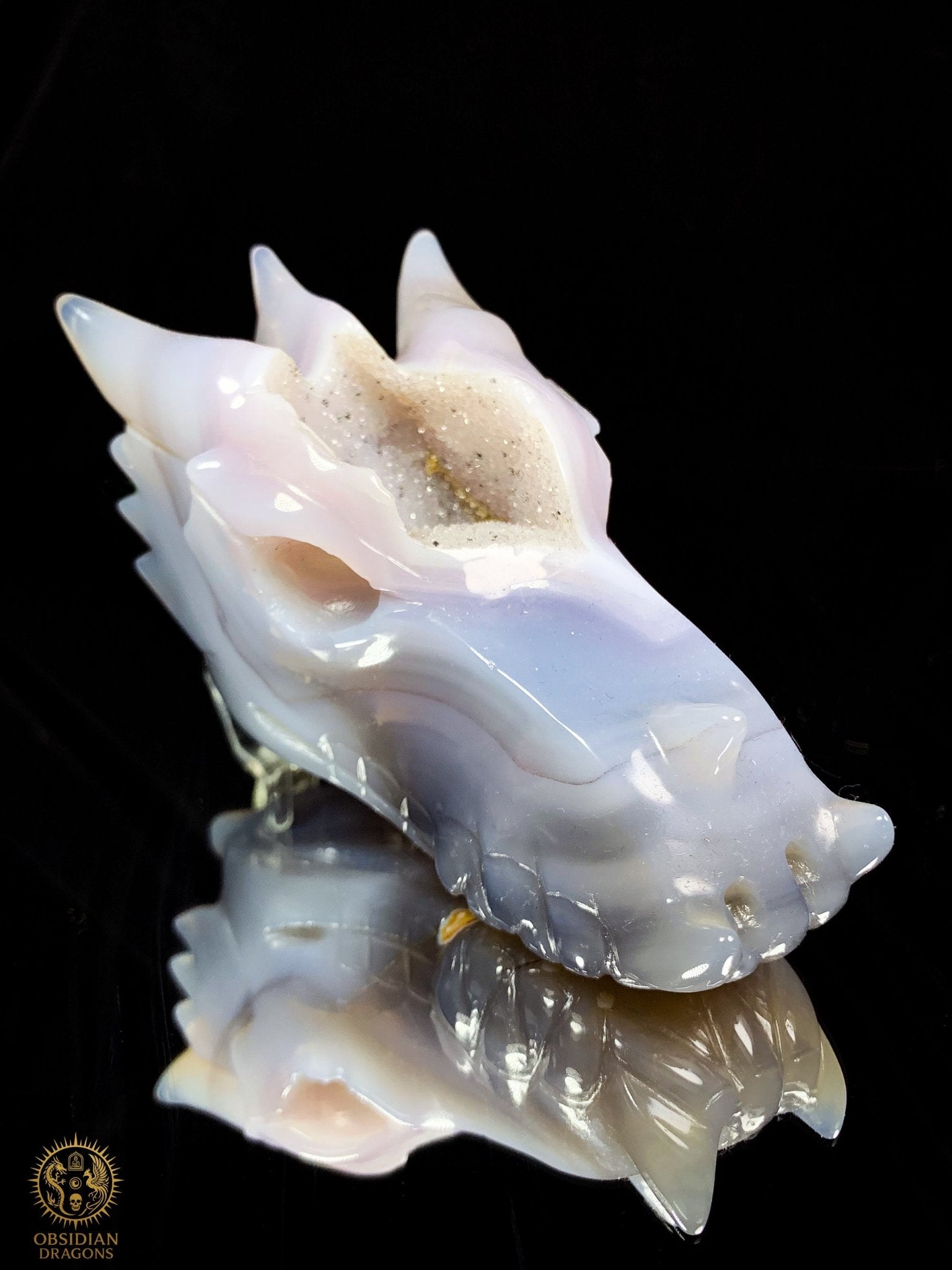 Crâne de Dragon en calcédoine- Géode- Souffle Opalescent | obsidian dragons