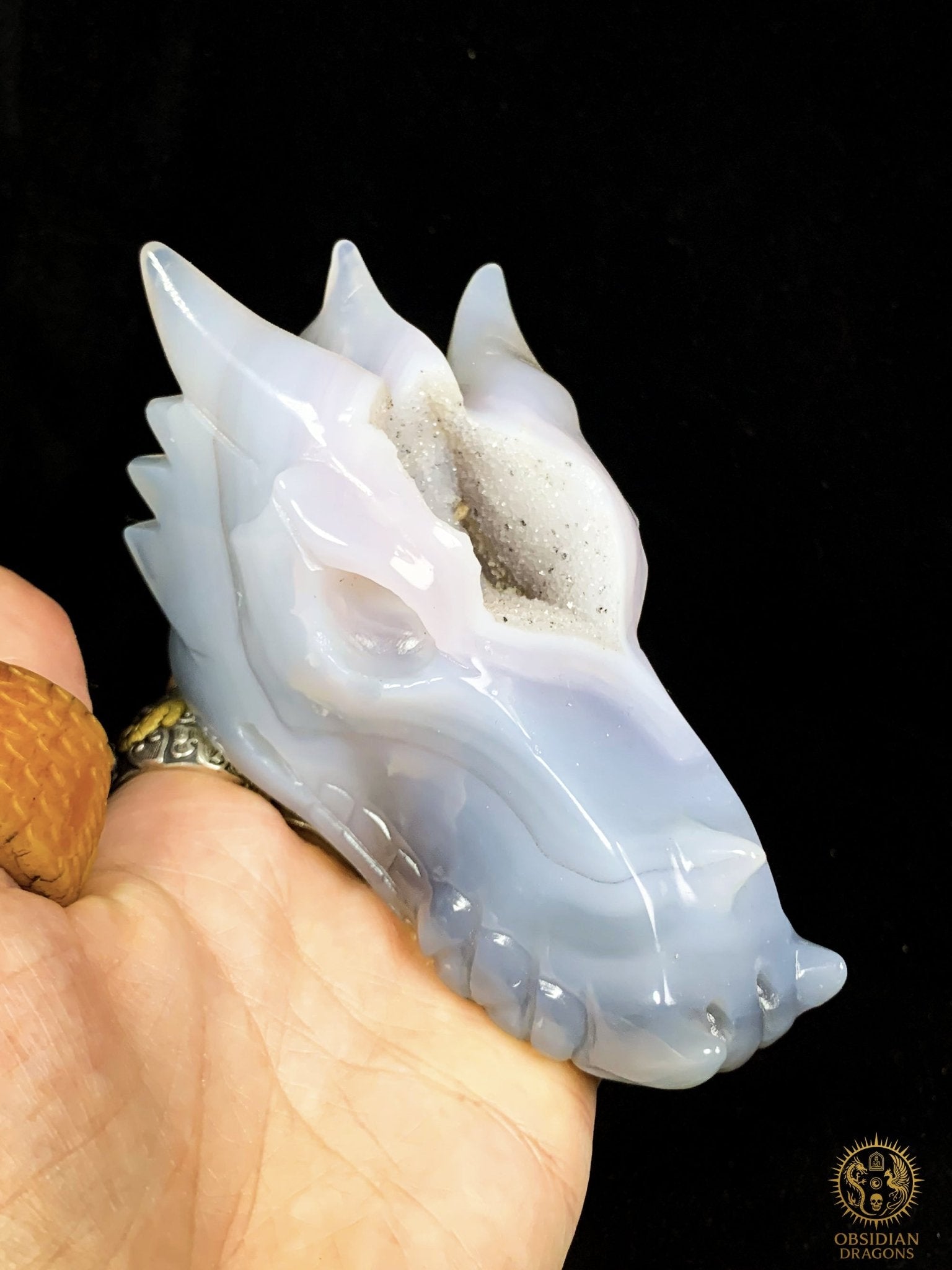 Crâne de Dragon en calcédoine- Géode- Souffle Opalescent | obsidian dragons