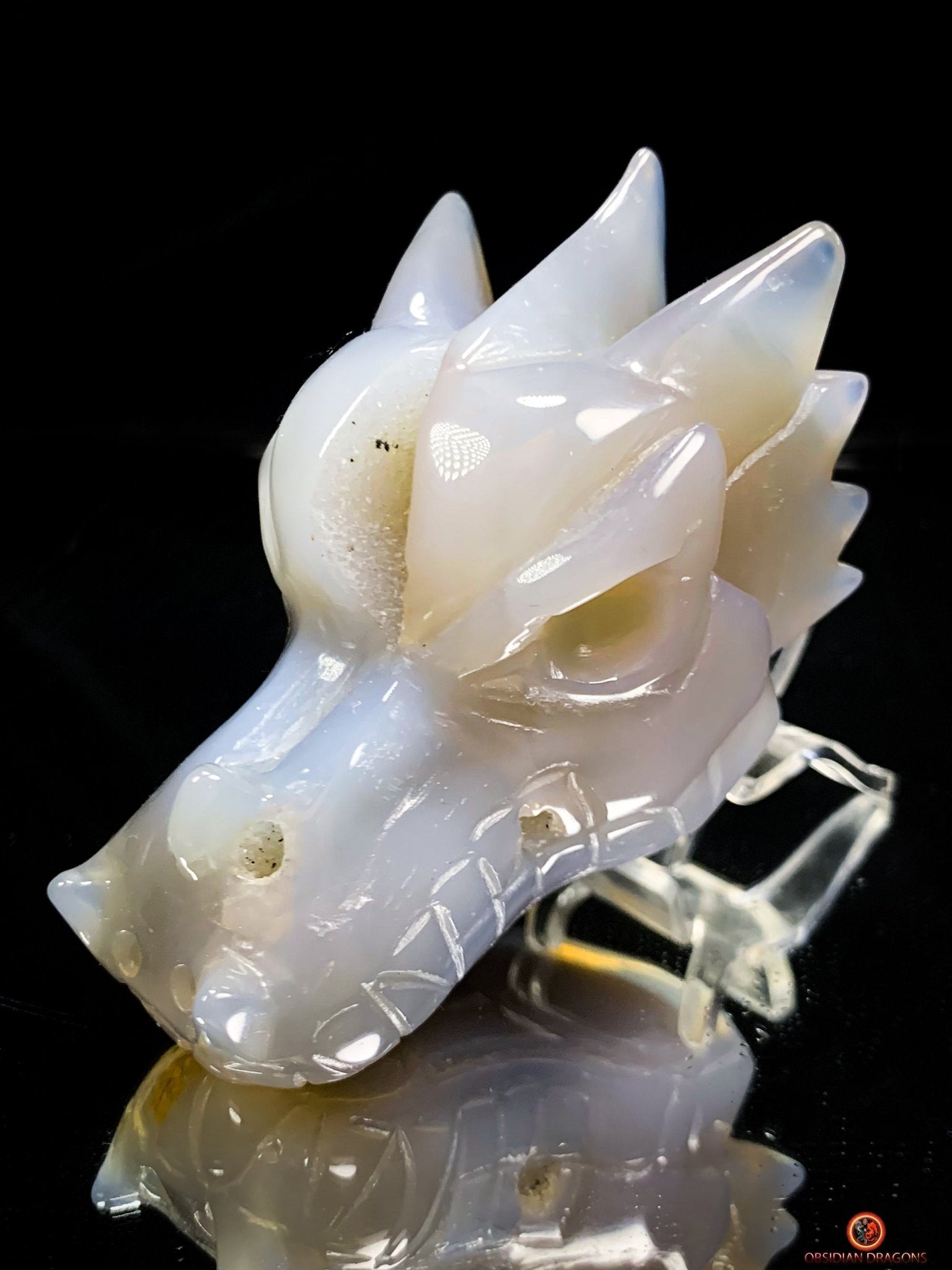 Crâne de Dragon en géode de Quartz – Harmonie Spirituelle | obsidian dragons