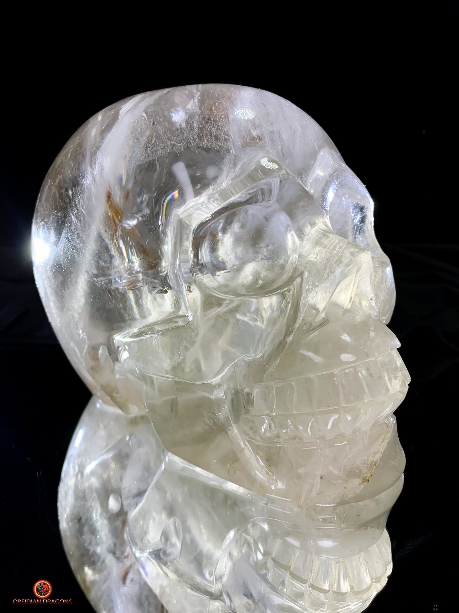 Crâne de cristal de roche à inclusions de tourmalines | obsidian dragons