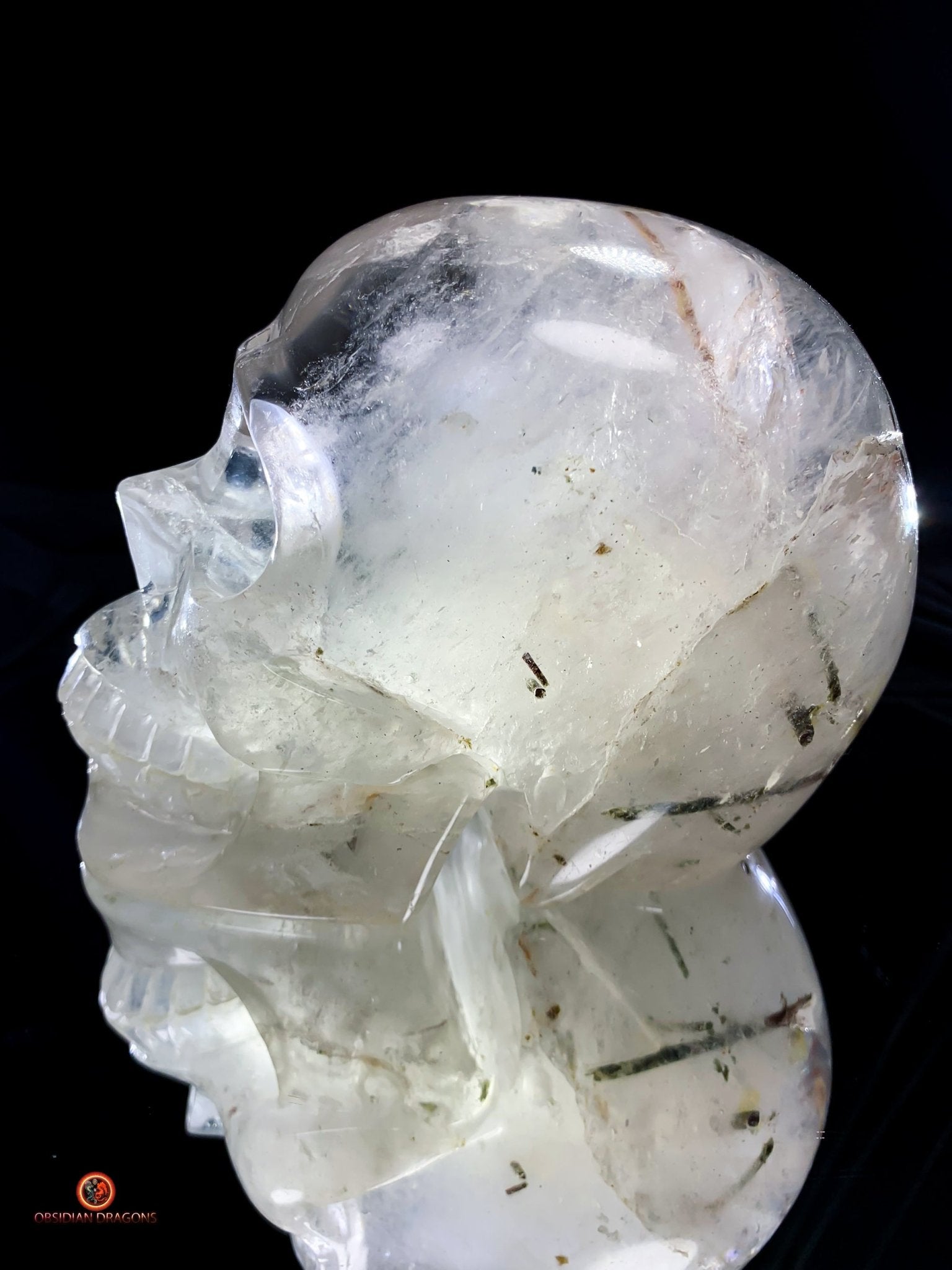 Crâne de cristal de roche à inclusions de tourmalines | obsidian dragons