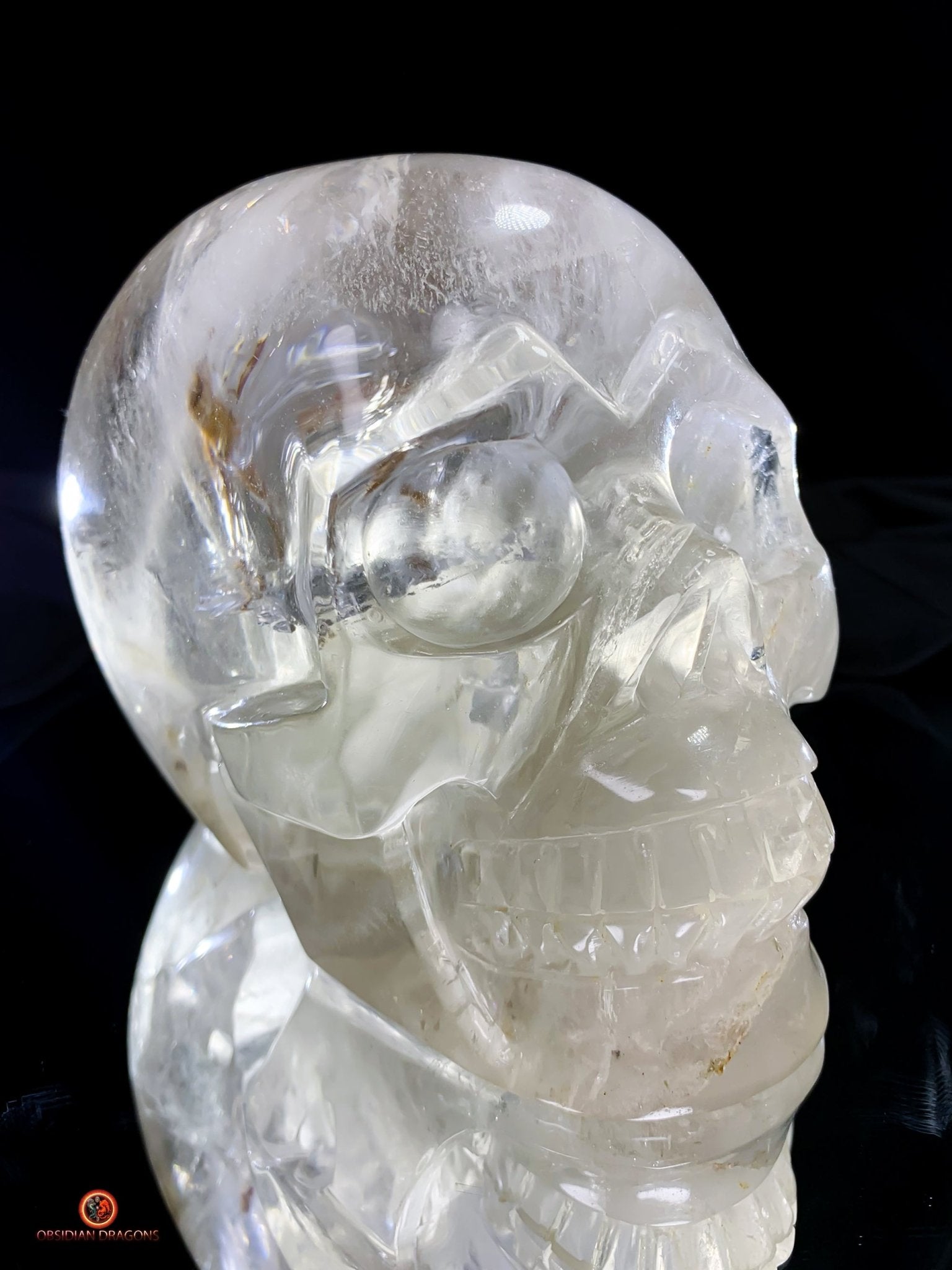 Crâne de cristal de roche à inclusions de tourmalines | obsidian dragons