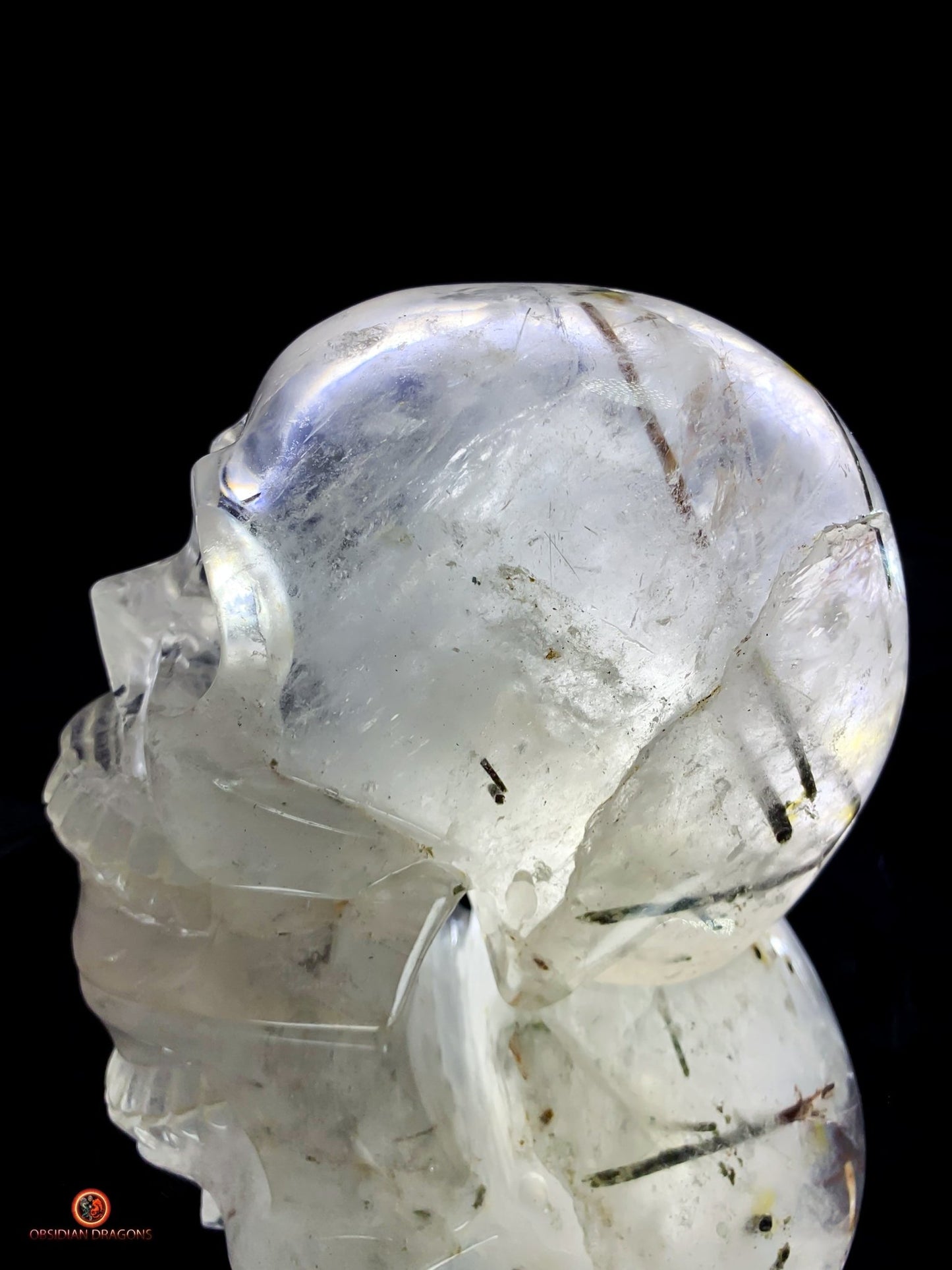 Crâne de cristal de roche à inclusions de tourmalines | obsidian dragons