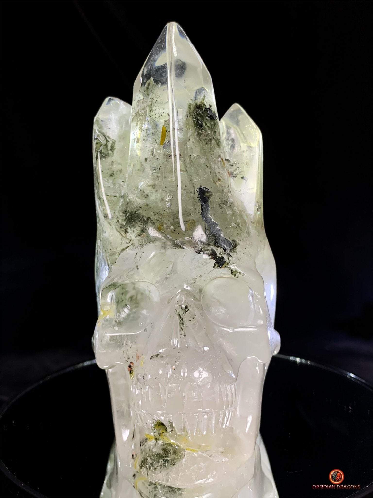 Crâne de cristal en quartz chlorite - Pièce Unique Sculptée | obsidian dragons