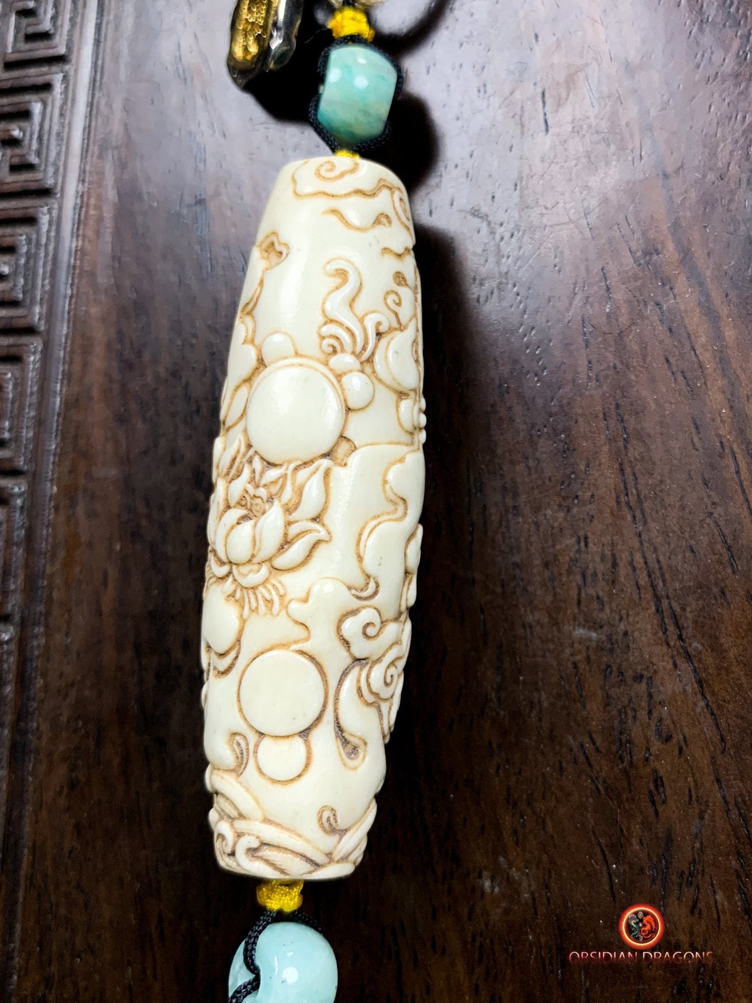 DZI de Tara Verte - Perle Tibétaine Sacrée- Bois de Cerf | obsidian dragons