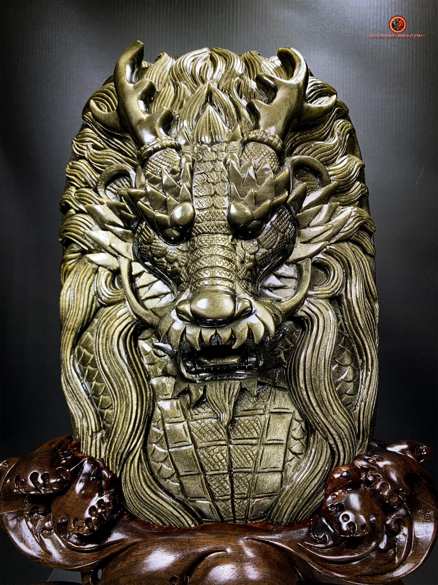 Dragon en Obsidienne Dorée - Sculpture Exceptionnelle et Unique | obsidian dragons