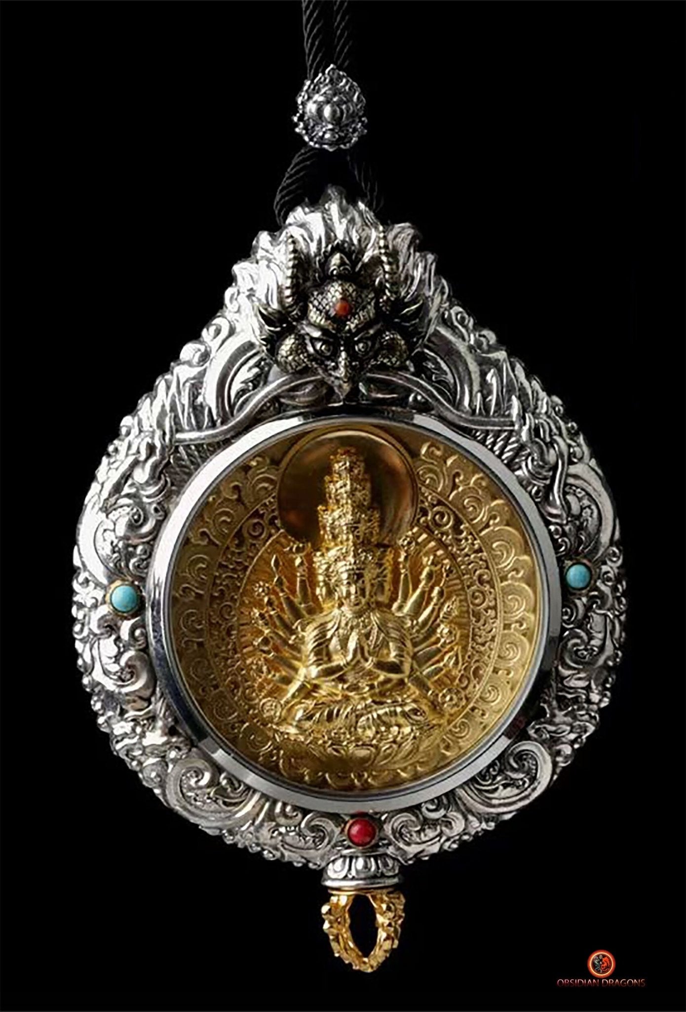 Ghau Chenrezig à milles bras - Amulette Bouddhiste en Argent et or | obsidian dragons
