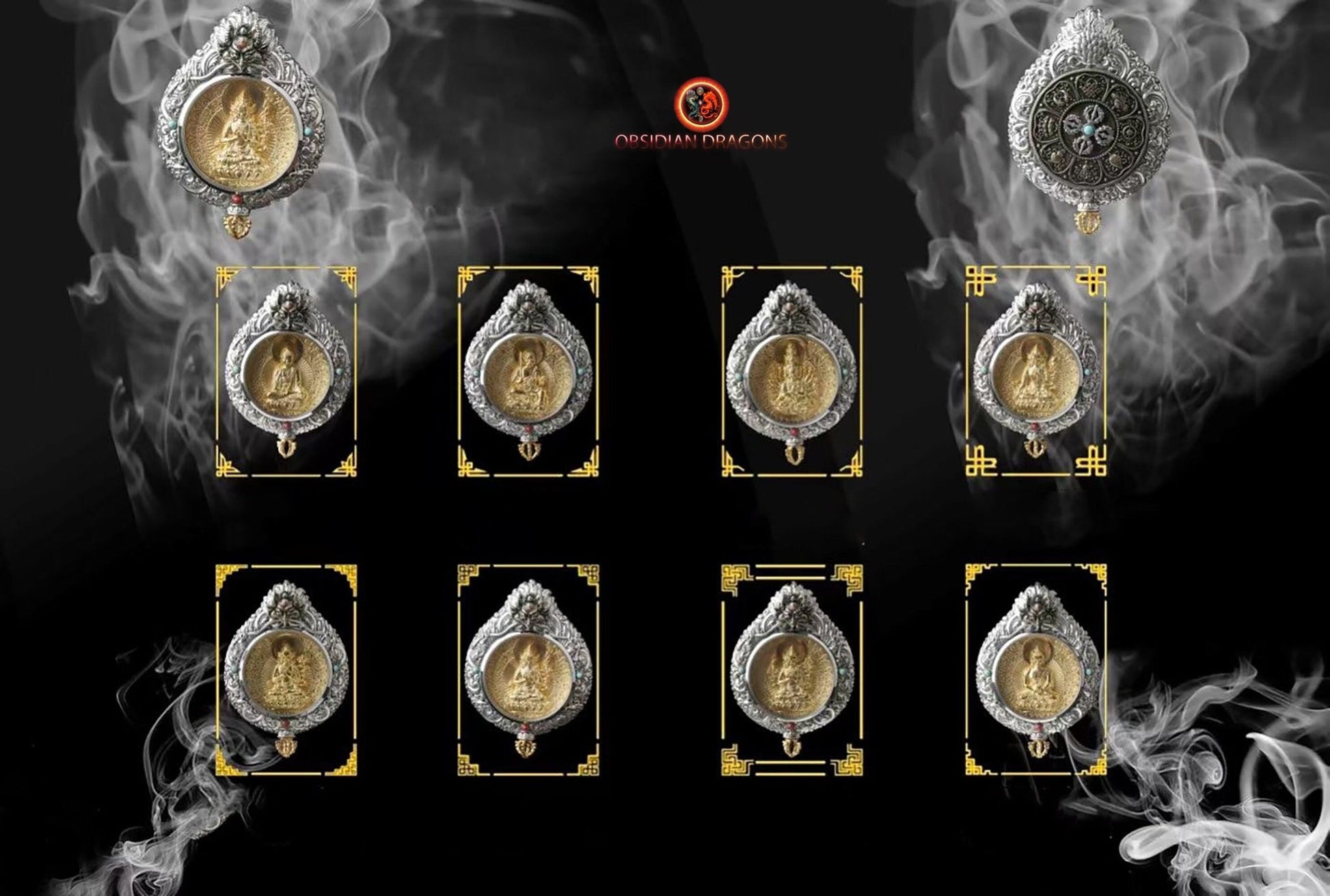 Ghau Chenrezig à milles bras - Amulette Bouddhiste en Argent et or | obsidian dragons