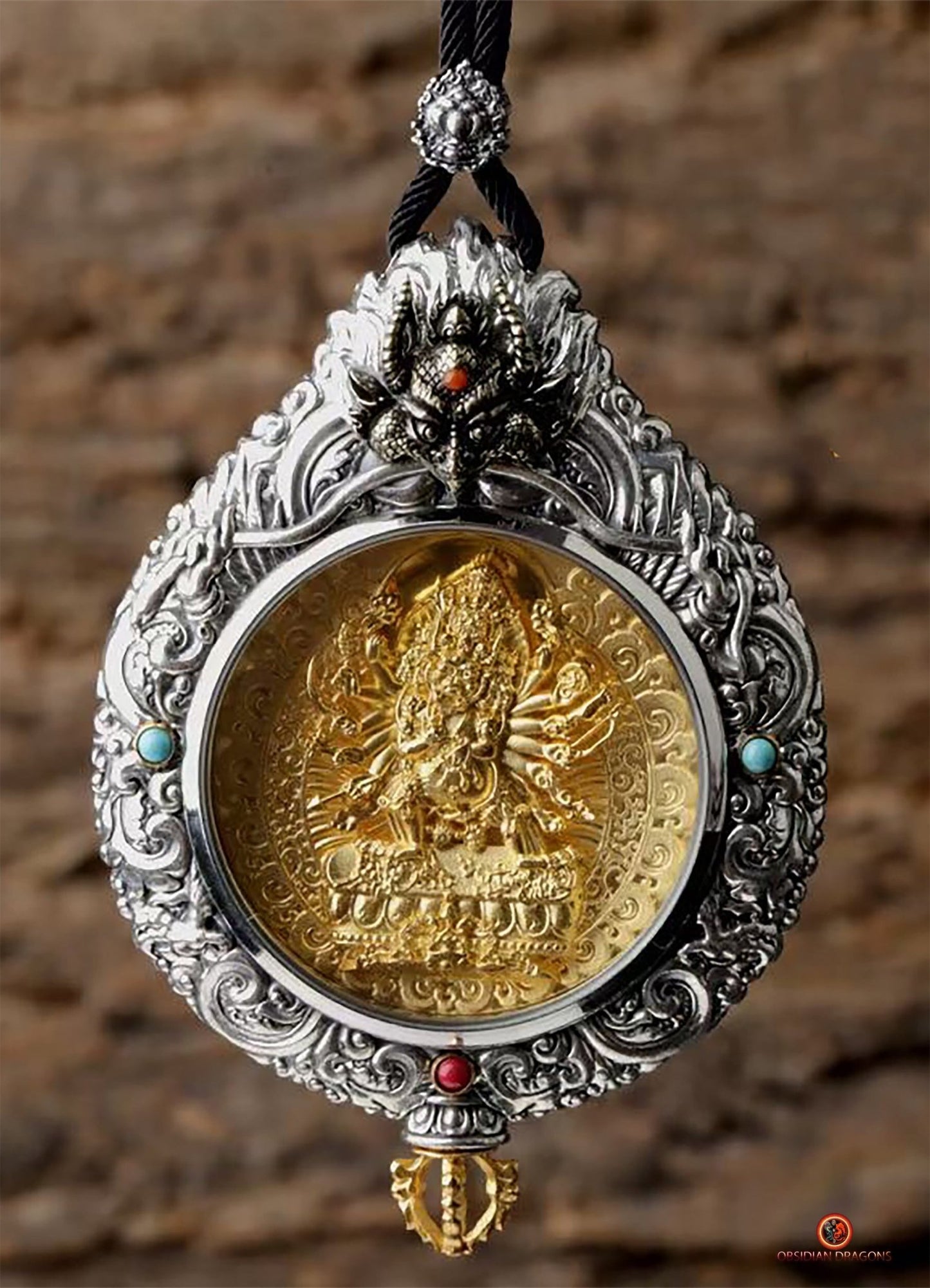 Ghau de Yamantaka- Amulette Bouddhiste en Argent et or | obsidian dragons