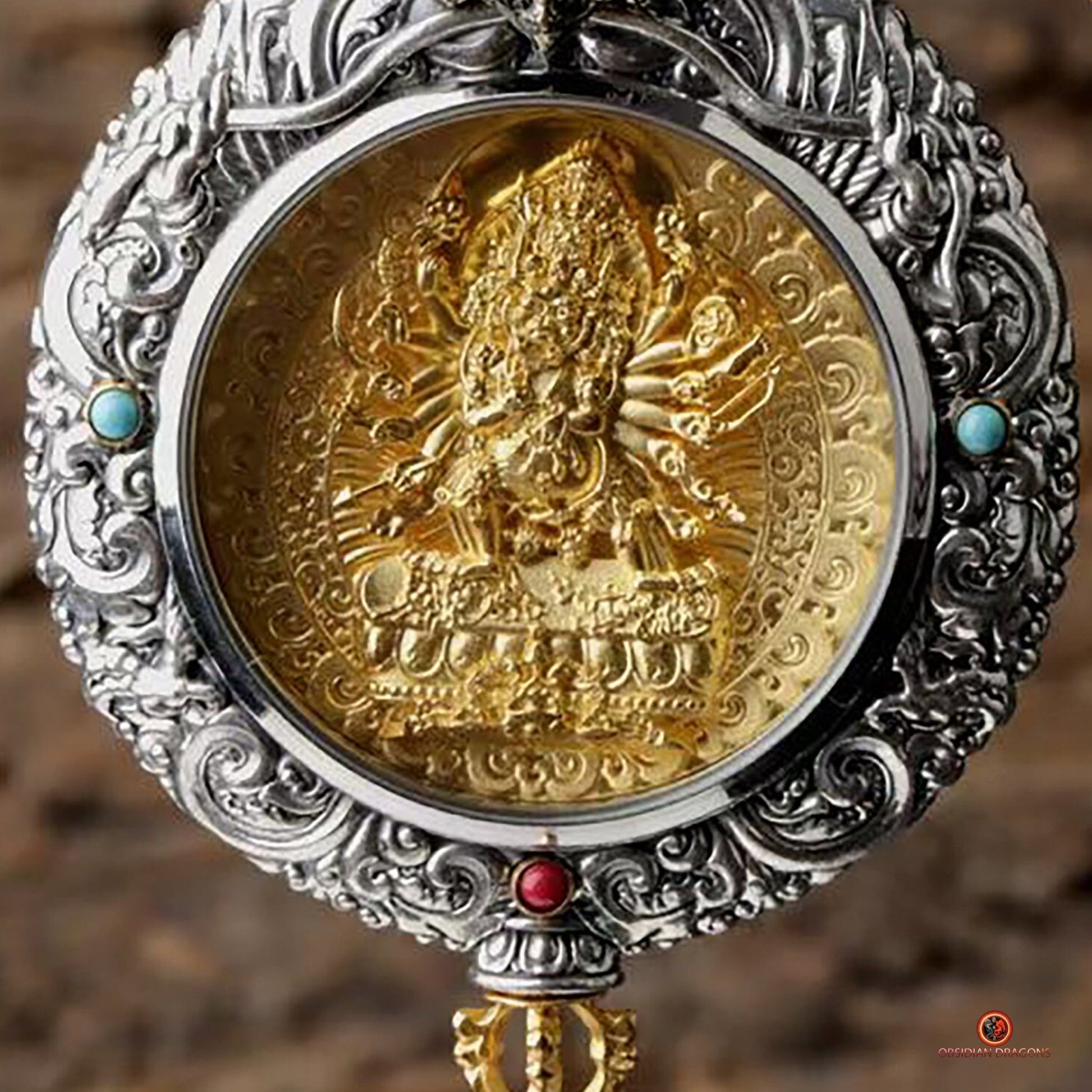 Ghau de Yamantaka- Amulette Bouddhiste en Argent et or | obsidian dragons