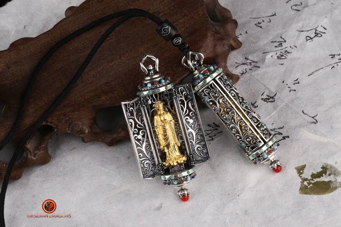 Ghau d'Amitabha en Or 24K et Pierres Précieuses | obsidian dragons
