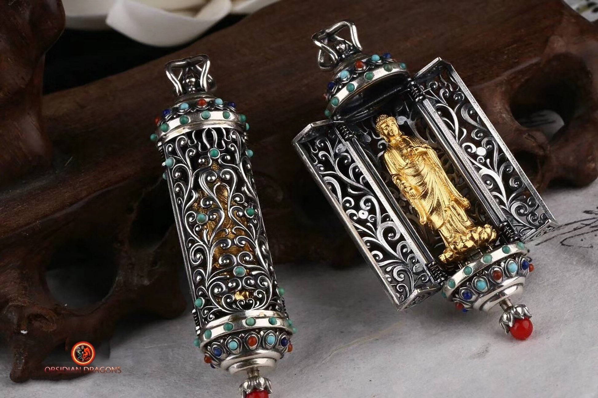 Ghau d'Amitabha en Or 24K et Pierres Précieuses | obsidian dragons