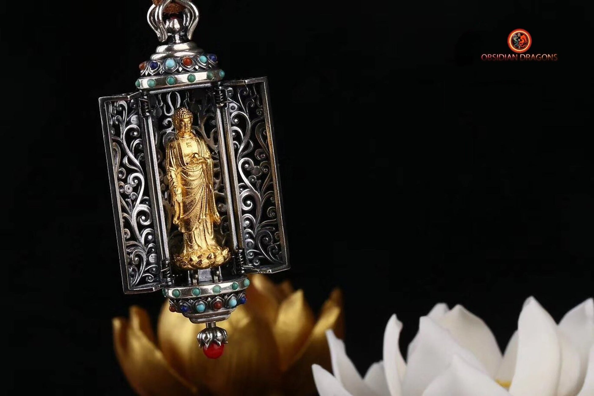 Ghau d'Amitabha en Or 24K et Pierres Précieuses | obsidian dragons