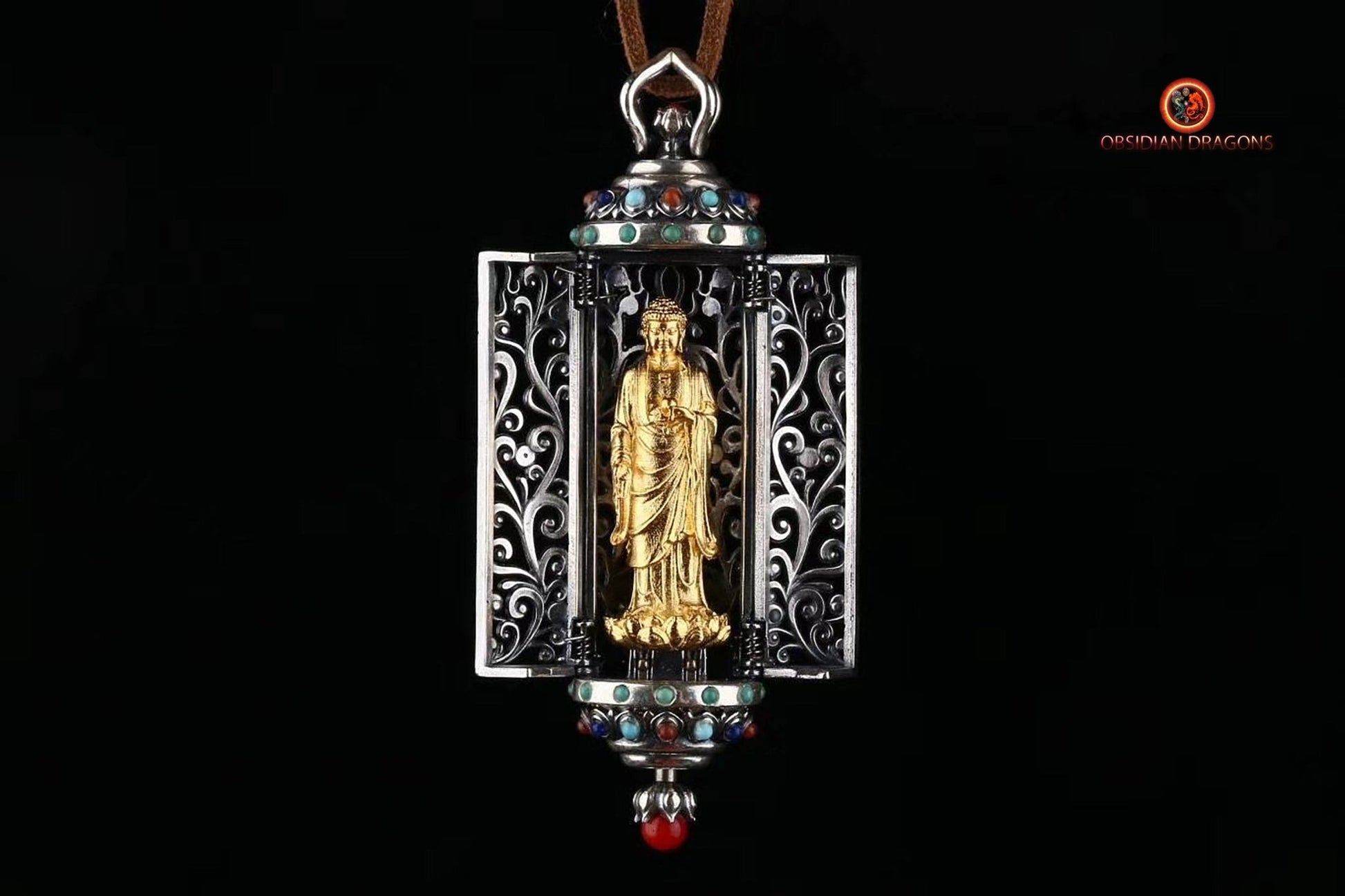 Ghau d'Amitabha en Or 24K et Pierres Précieuses | obsidian dragons