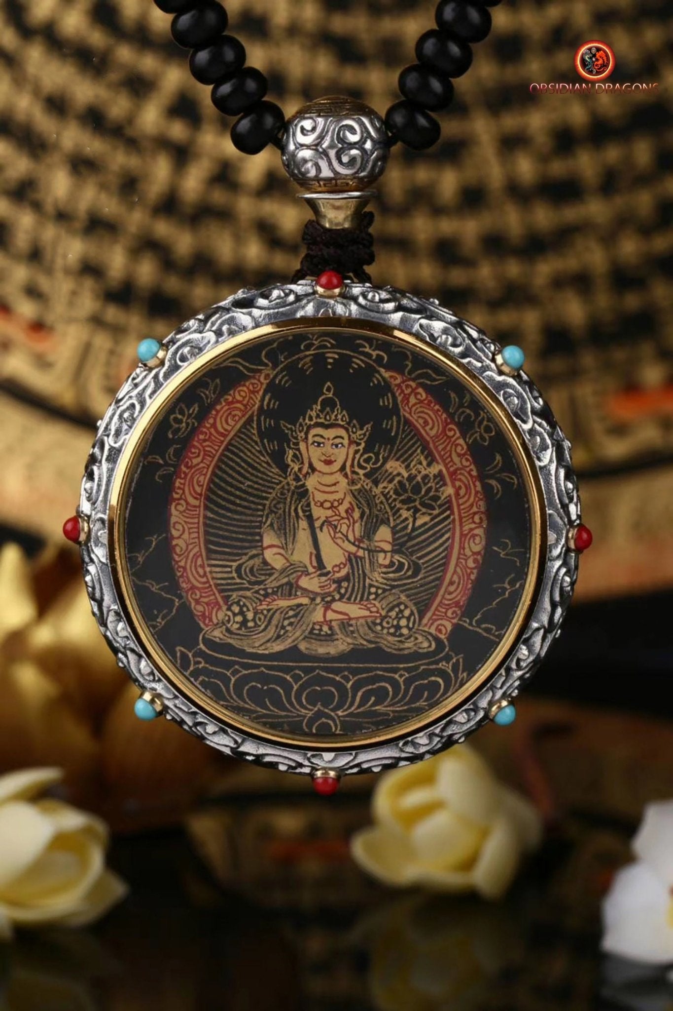 Ghau Tibétain en Argent 925 - Thangka d'Akashagarbha - Mantra | obsidian dragons