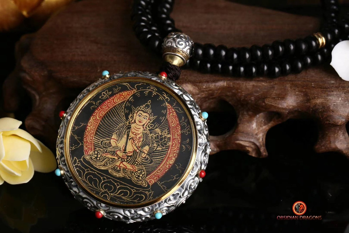 Ghau Tibétain en Argent 925 - Thangka d'Akashagarbha - Mantra | obsidian dragons